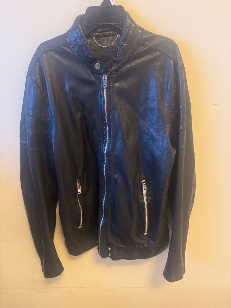 Diesel Black Leather Bomber Biker Moto Rider Jacket With Silver Zippers